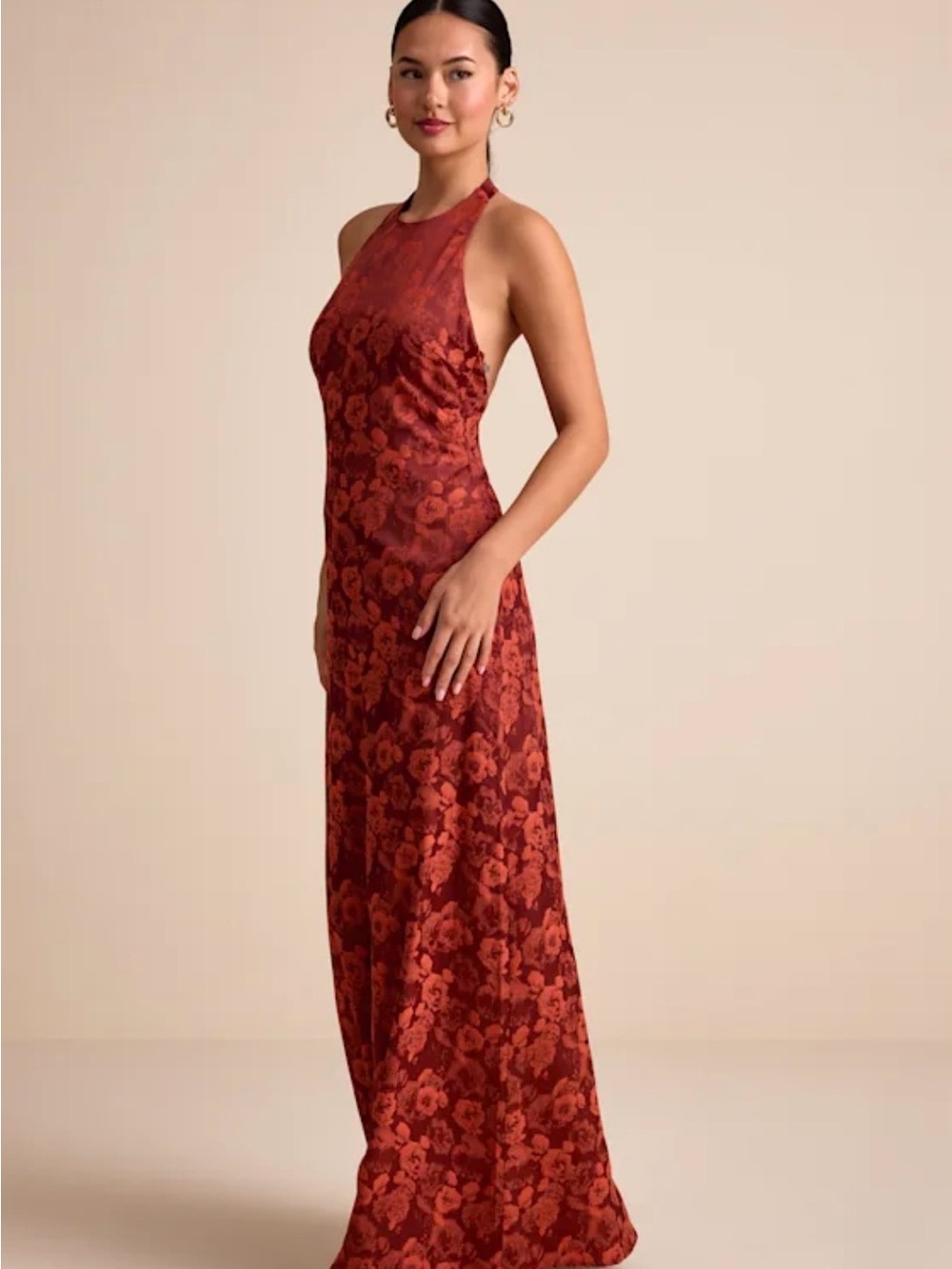 Lulu's Rust Floral Halter Satin Maxi Dress